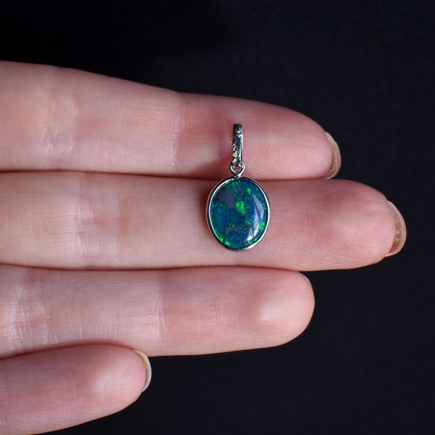 1.87ct Natural Solid Black Opal Oval Platinum Charm Pendant