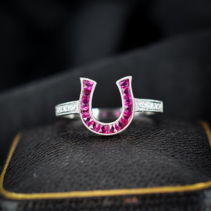 French Cut 0.55ct Ruby and Diamond Horseshoe Platinum Ring