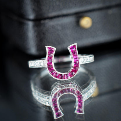 French Cut 0.55ct Ruby and Diamond Horseshoe Platinum Ring