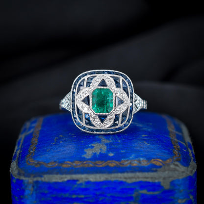 Art Deco Style Natural Emerald Diamond and Sapphire Platinum Cocktail Ring