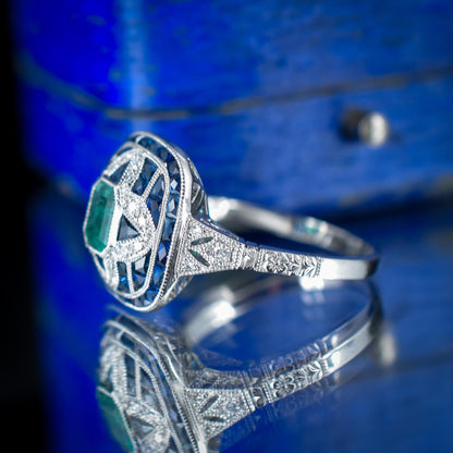 Art Deco Style Natural Emerald Diamond and Sapphire Platinum Cocktail Ring