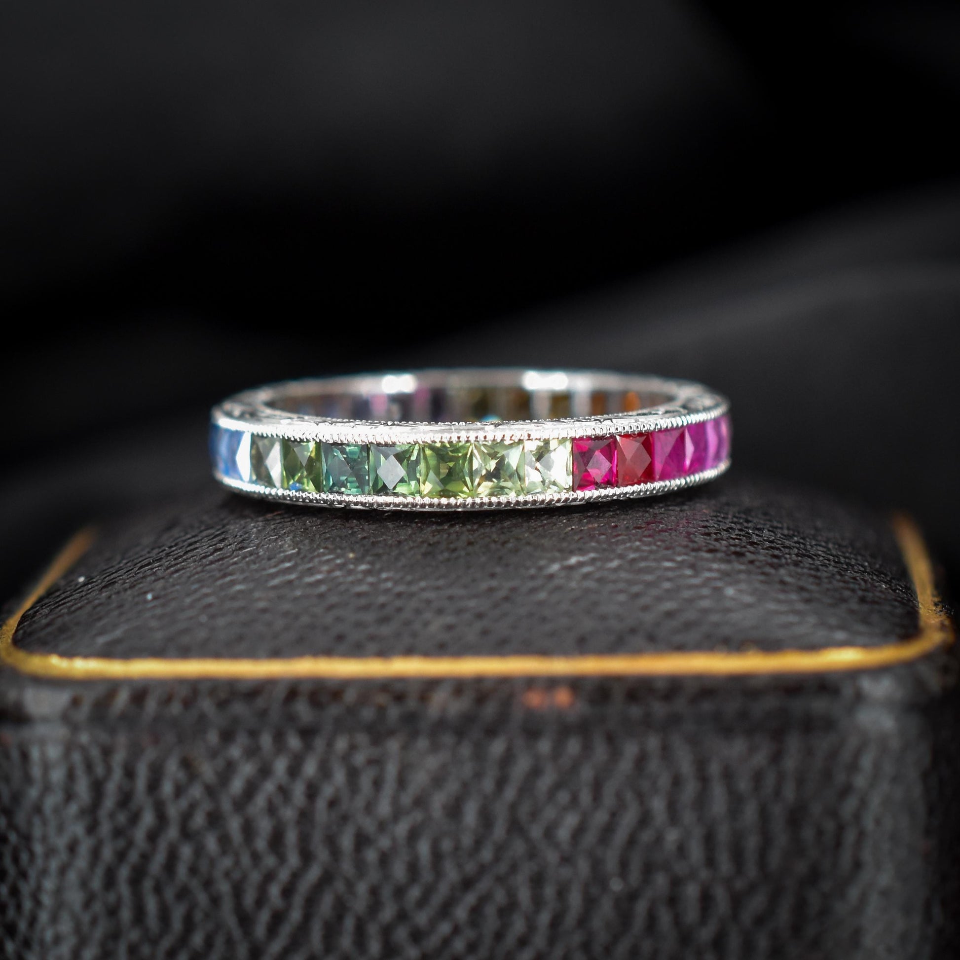 French Cut Multi Colour Sapphire Rainbow Full Eternity Platinum Band Ring