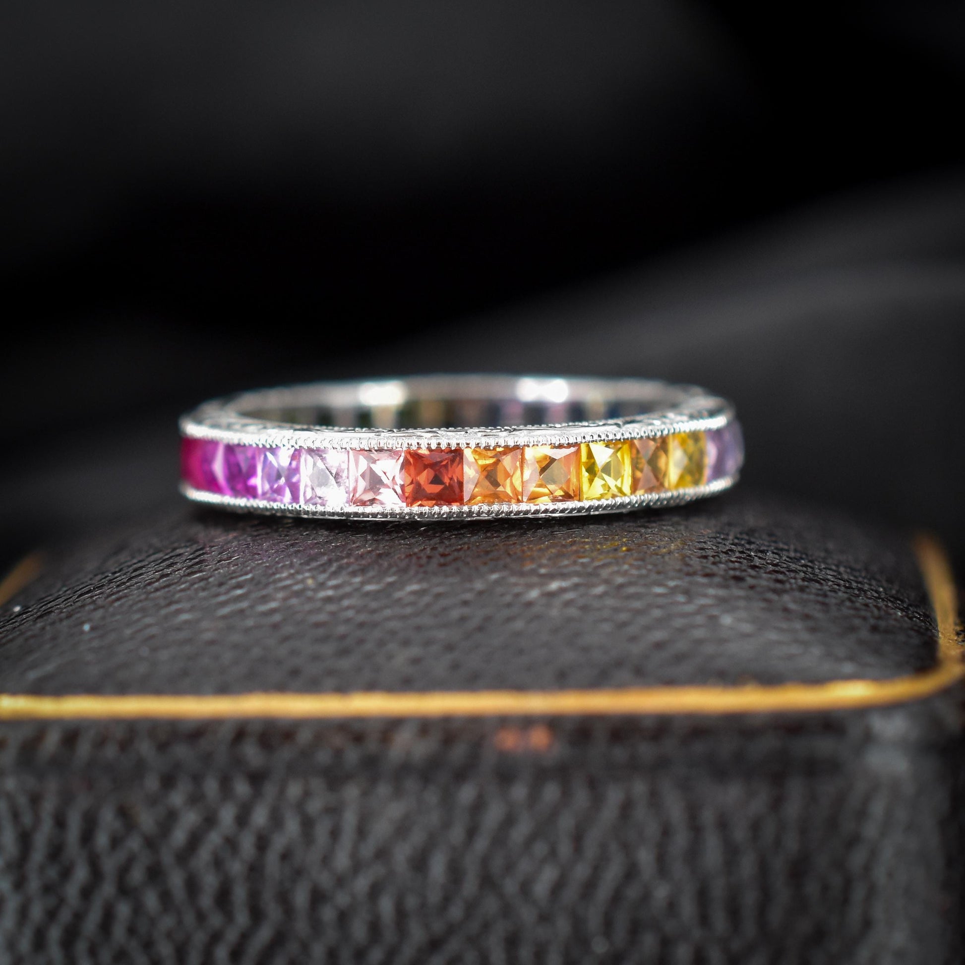 French Cut Multi Colour Sapphire Rainbow Full Eternity Platinum Band Ring