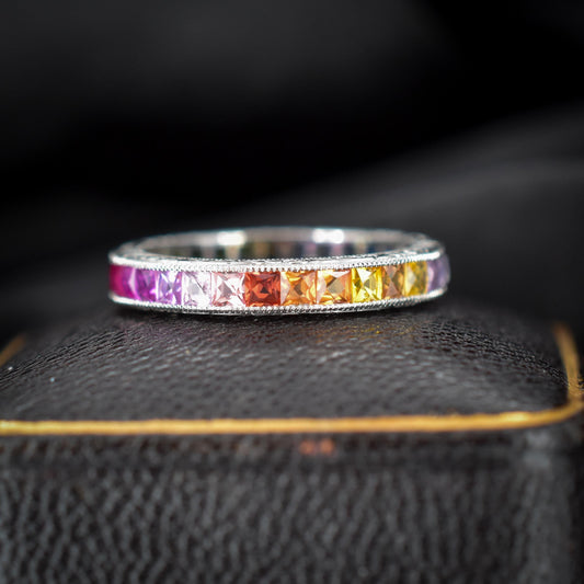 French Cut Multi Colour Sapphire Rainbow Full Eternity Platinum Band Ring