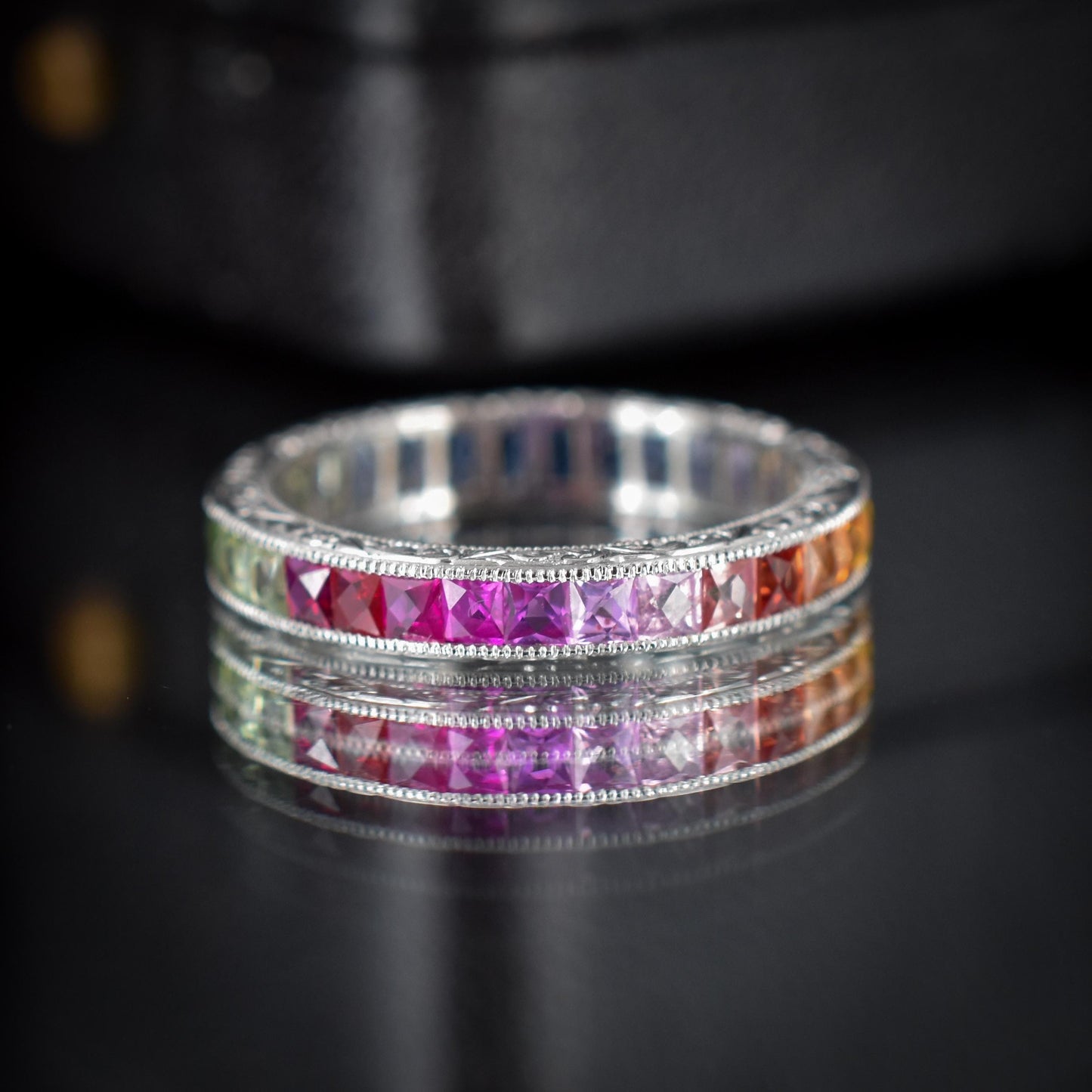 French Cut Multi Colour Sapphire Rainbow Full Eternity Platinum Band Ring