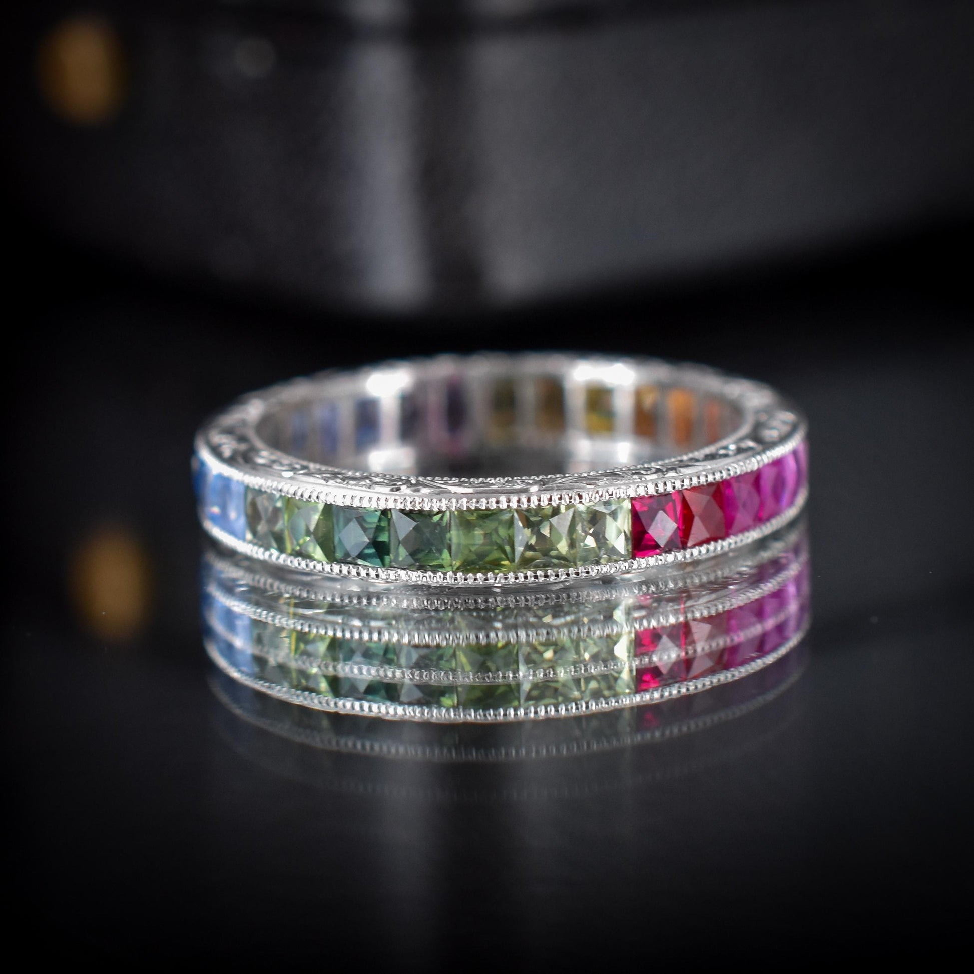 French Cut Multi Colour Sapphire Rainbow Full Eternity Platinum Band Ring