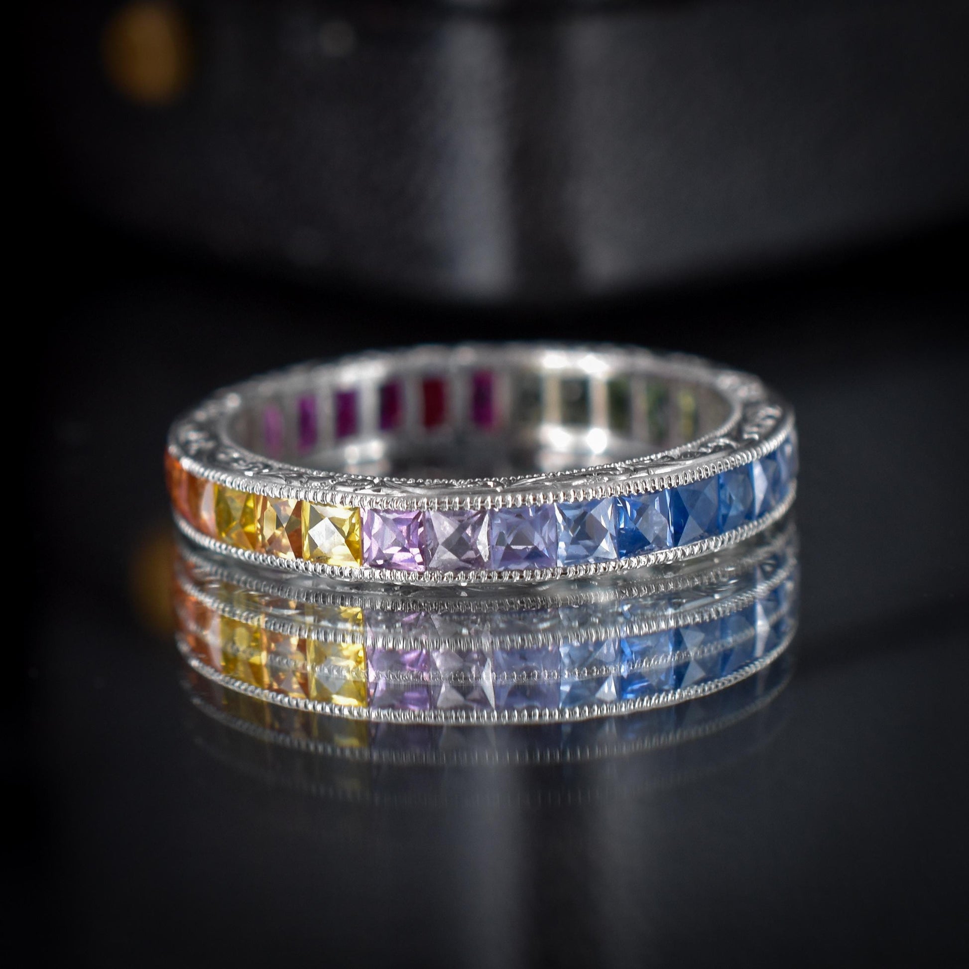 French Cut Multi Colour Sapphire Rainbow Full Eternity Platinum Band Ring