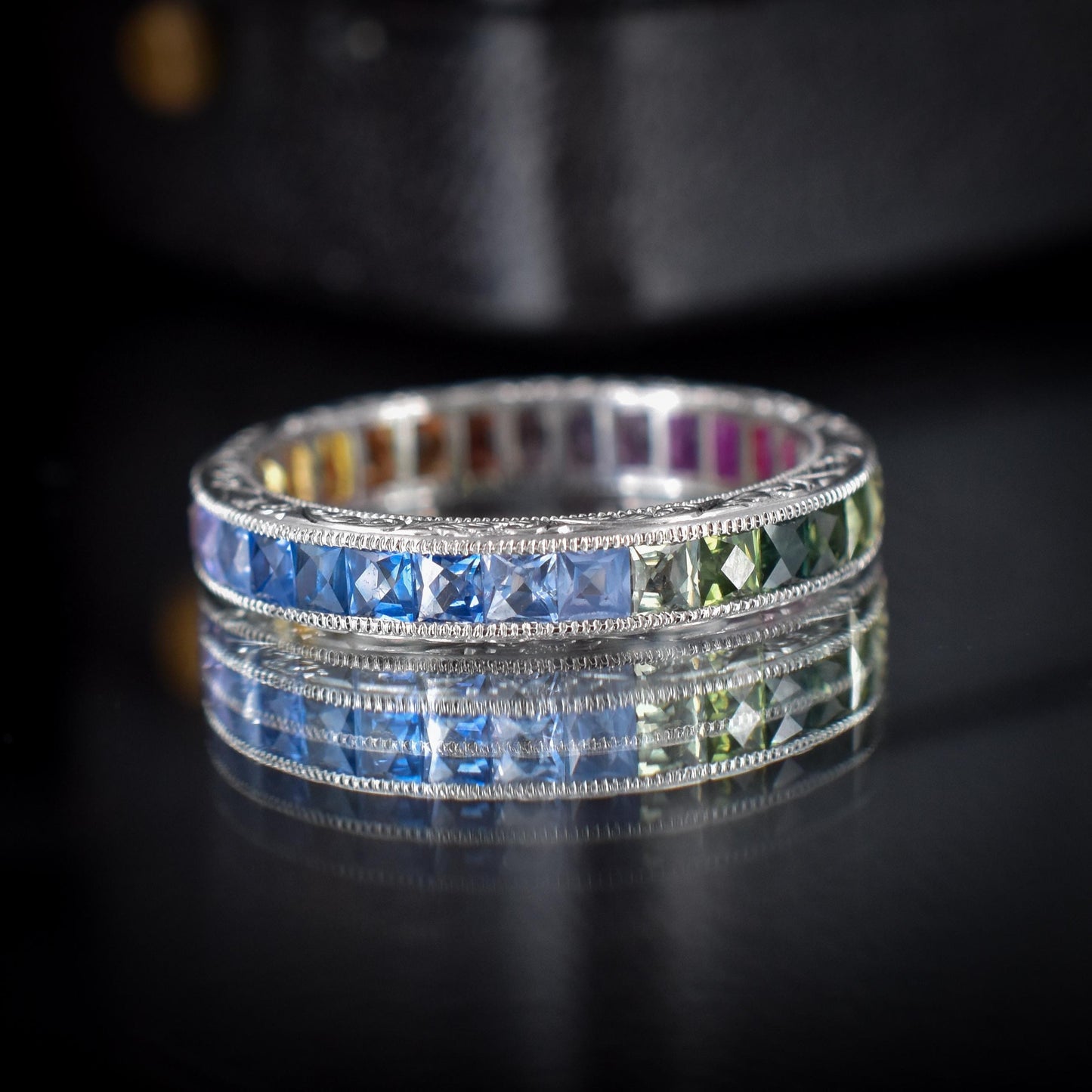 French Cut Multi Colour Sapphire Rainbow Full Eternity Platinum Band Ring