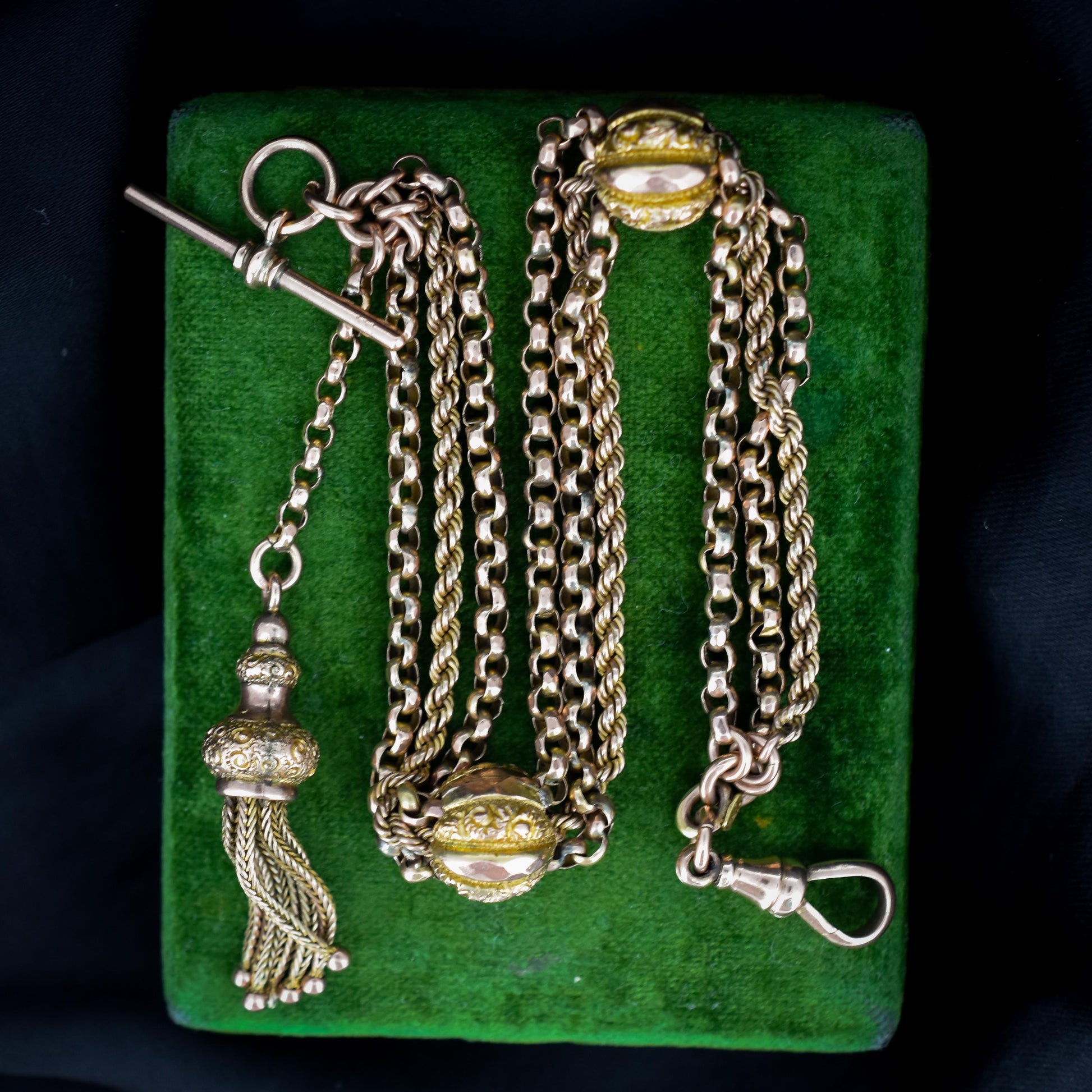 Antique Albertina Watch Chain 9ct Gold Bracelet with T-Bar, Dog Clip and Tassel