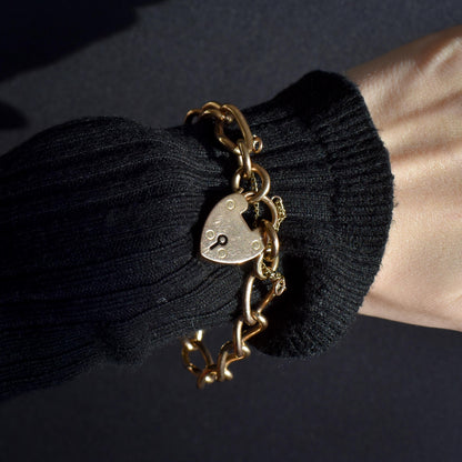 Antique Edwardian 9ct Gold Heart Padlock Fancy Curb Bracelet