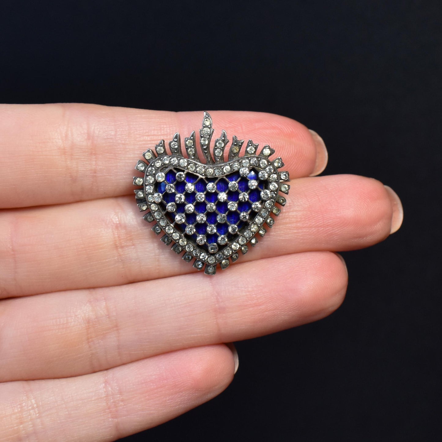 Antique Flaming Heart Paste Blue Enamel Silver Brooch Pin