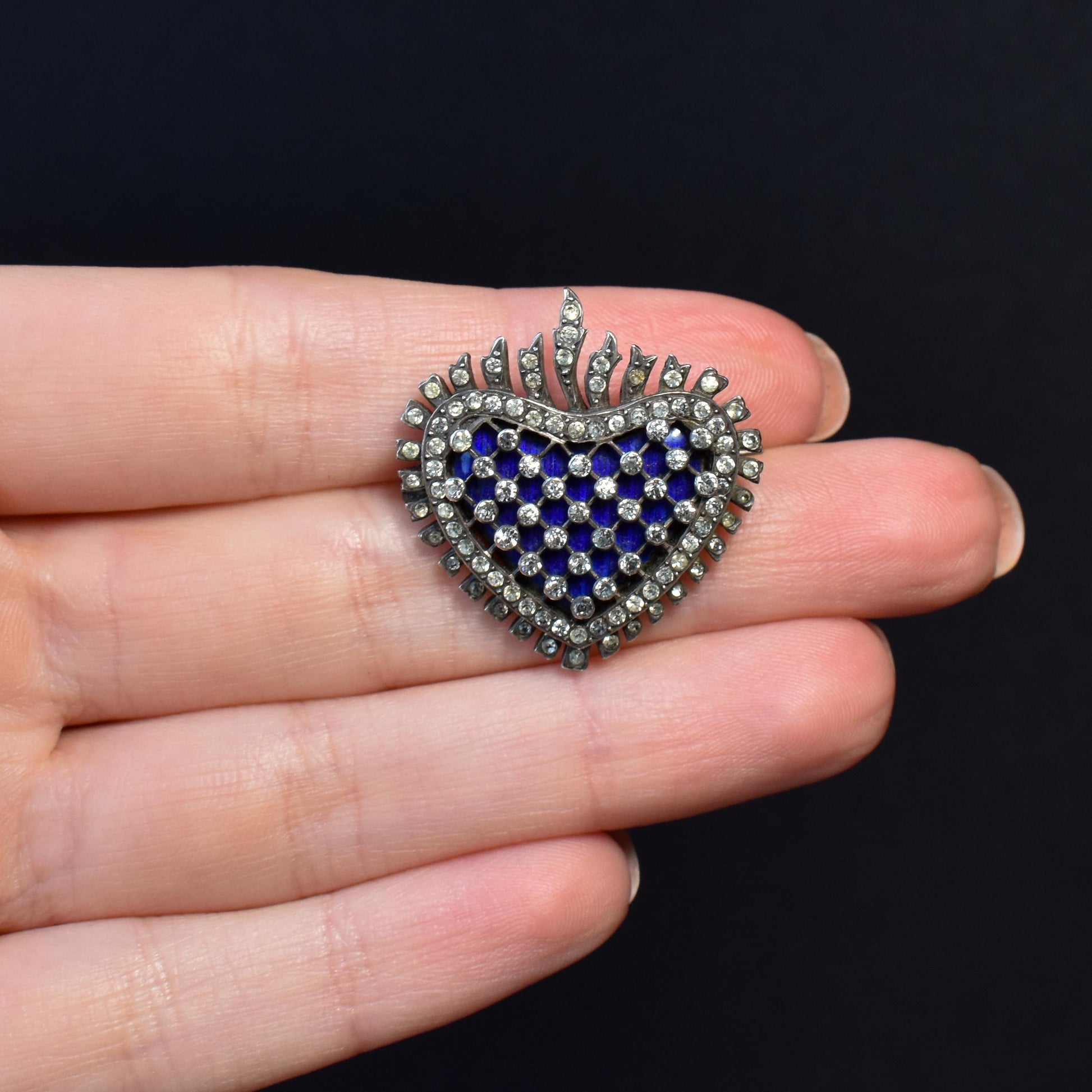 Antique Flaming Heart Paste Blue Enamel Silver Brooch Pin