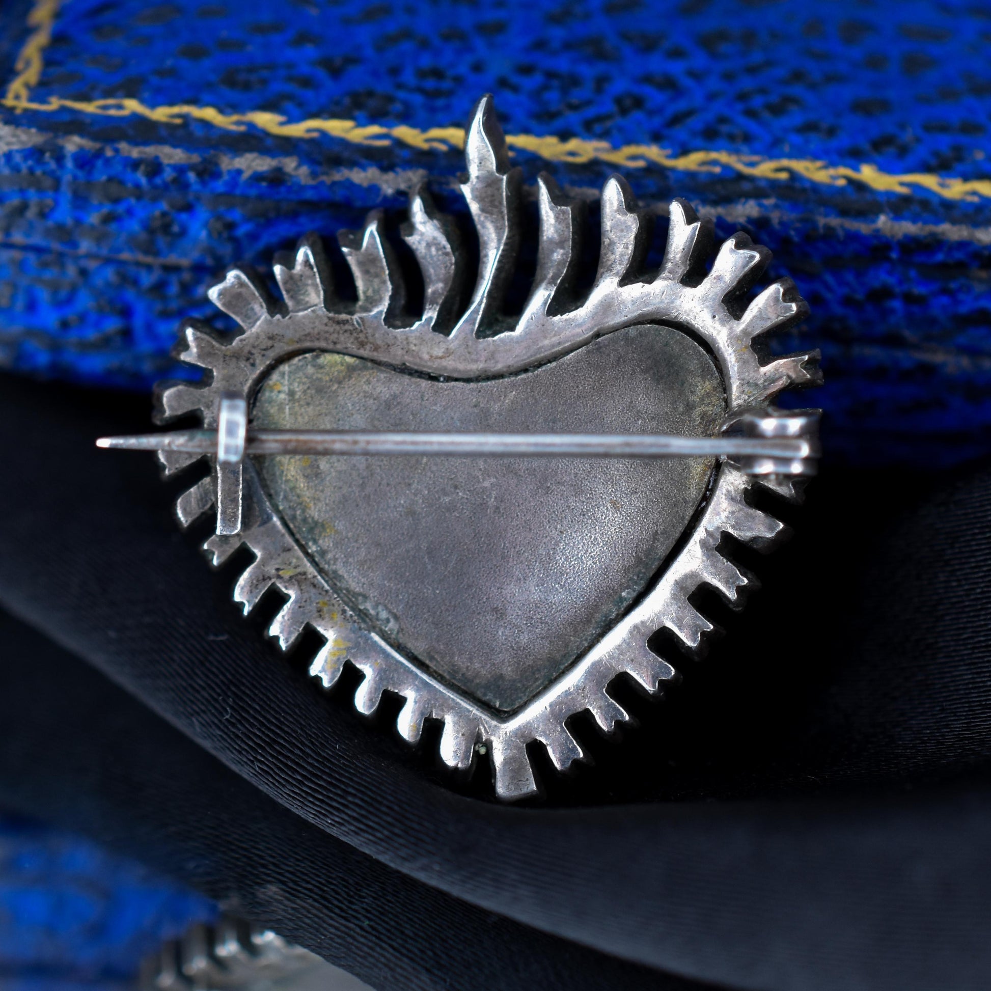 Antique Flaming Heart Paste Blue Enamel Silver Brooch Pin