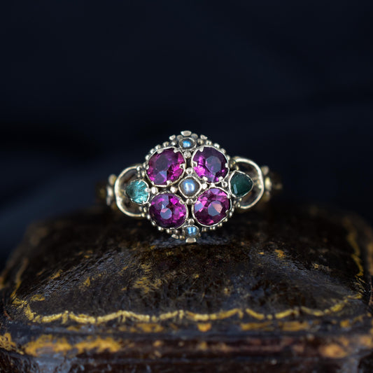 Antique Victorian Almandine Garnet and Emerald 15ct Yellow Gold Cluster Ring | Dated 1867