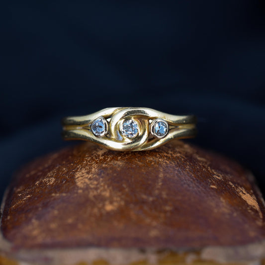 Antique Old Cut Diamond Bezel Set Three Stone 18ct Gold Knot Ring