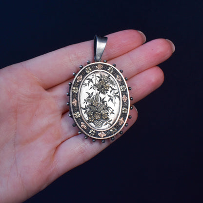 Antique Victorian Silver and Gold Oval Floral Photo Locket Pendant | Dated 1880