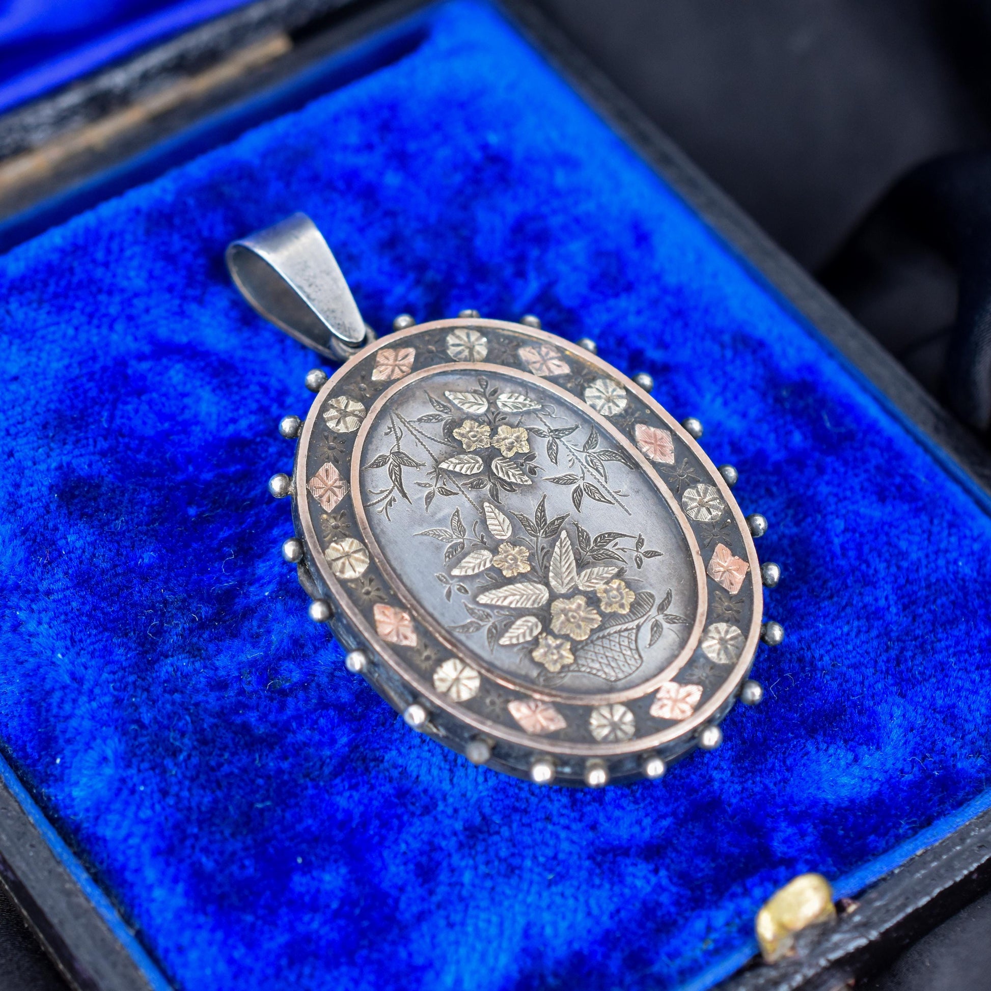 Antique Victorian Silver and Gold Oval Floral Photo Locket Pendant | Dated 1880