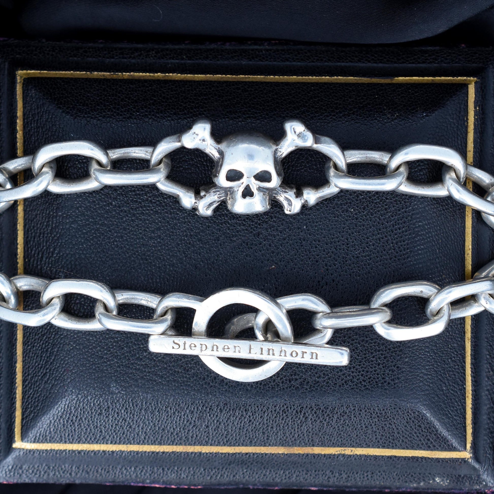 Stephen Einhorn Silver Skull Bracelet T-bar Fastener | 11" Length