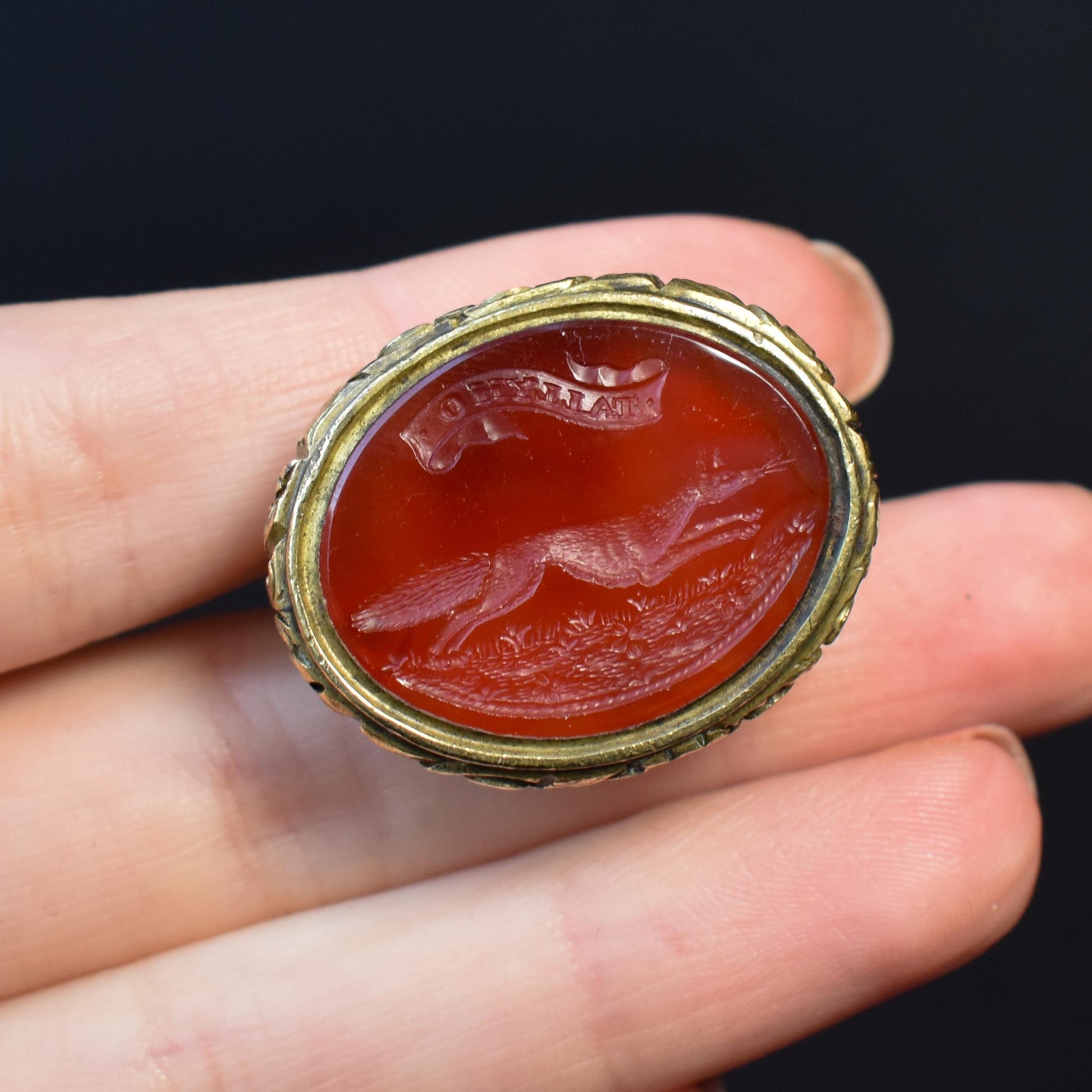 Antique Intaglio 'Tallyho' Fox Pinchbeck Fob Seal Pendant | Georgian