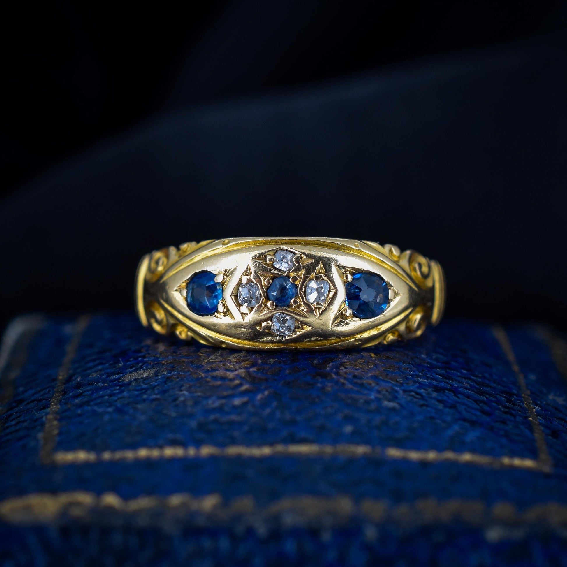 Antique Victorian Blue Sapphire and Diamond 18ct Gold Gypsy Band Ring - Dated 1897