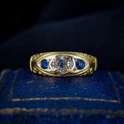 Antique Victorian Blue Sapphire and Diamond 18ct Gold Gypsy Band Ring - Dated 1897