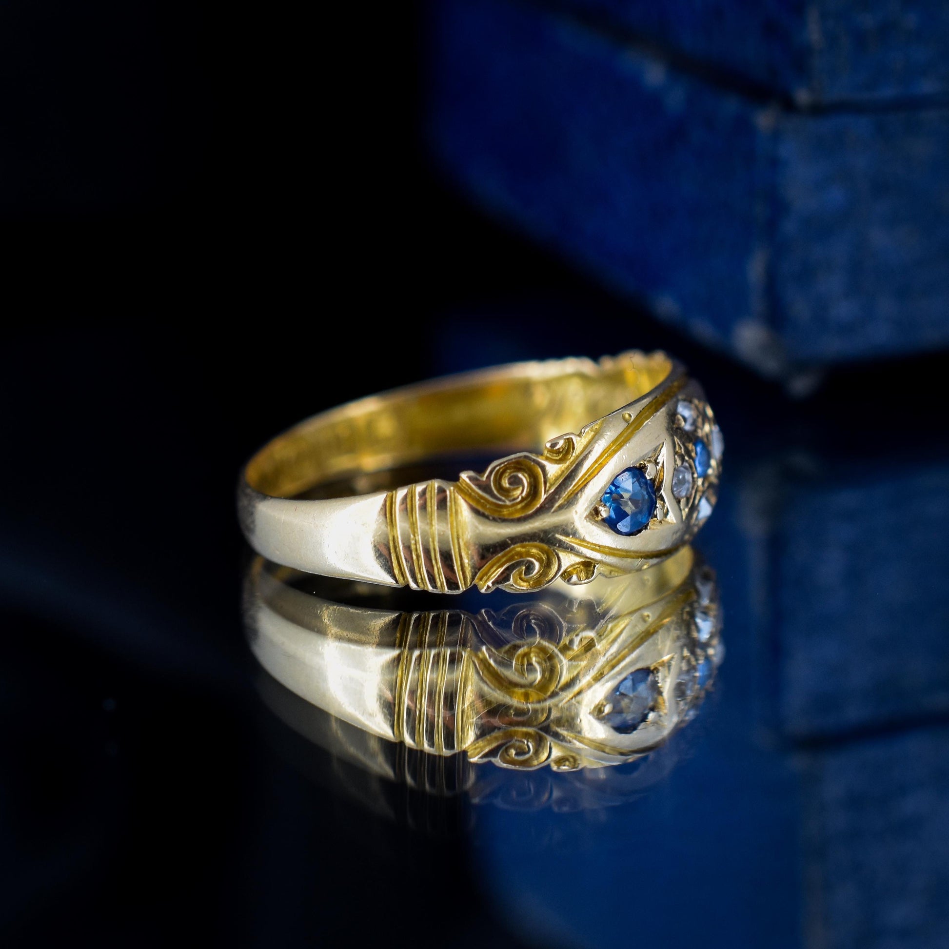 Antique Victorian Blue Sapphire and Diamond 18ct Gold Gypsy Band Ring - Dated 1897