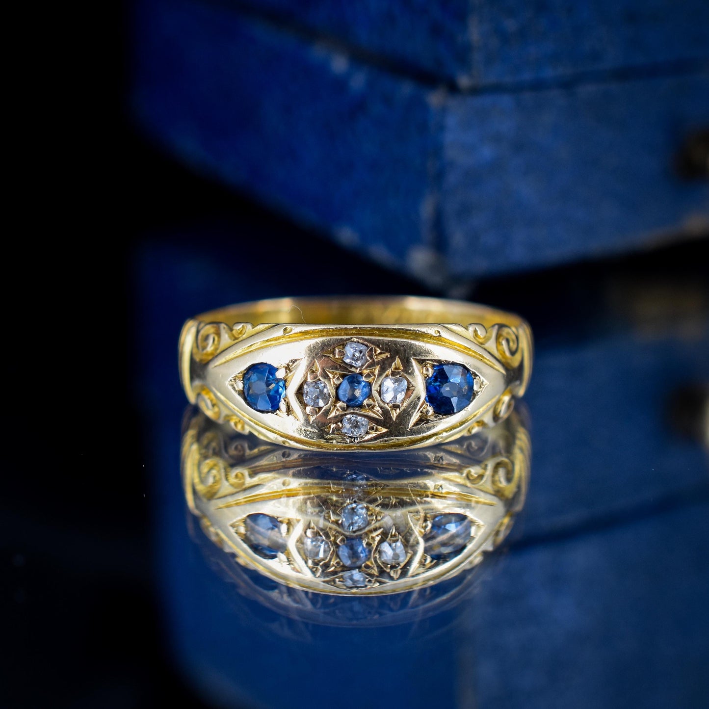 Antique Victorian Blue Sapphire and Diamond 18ct Gold Gypsy Band Ring - Dated 1897