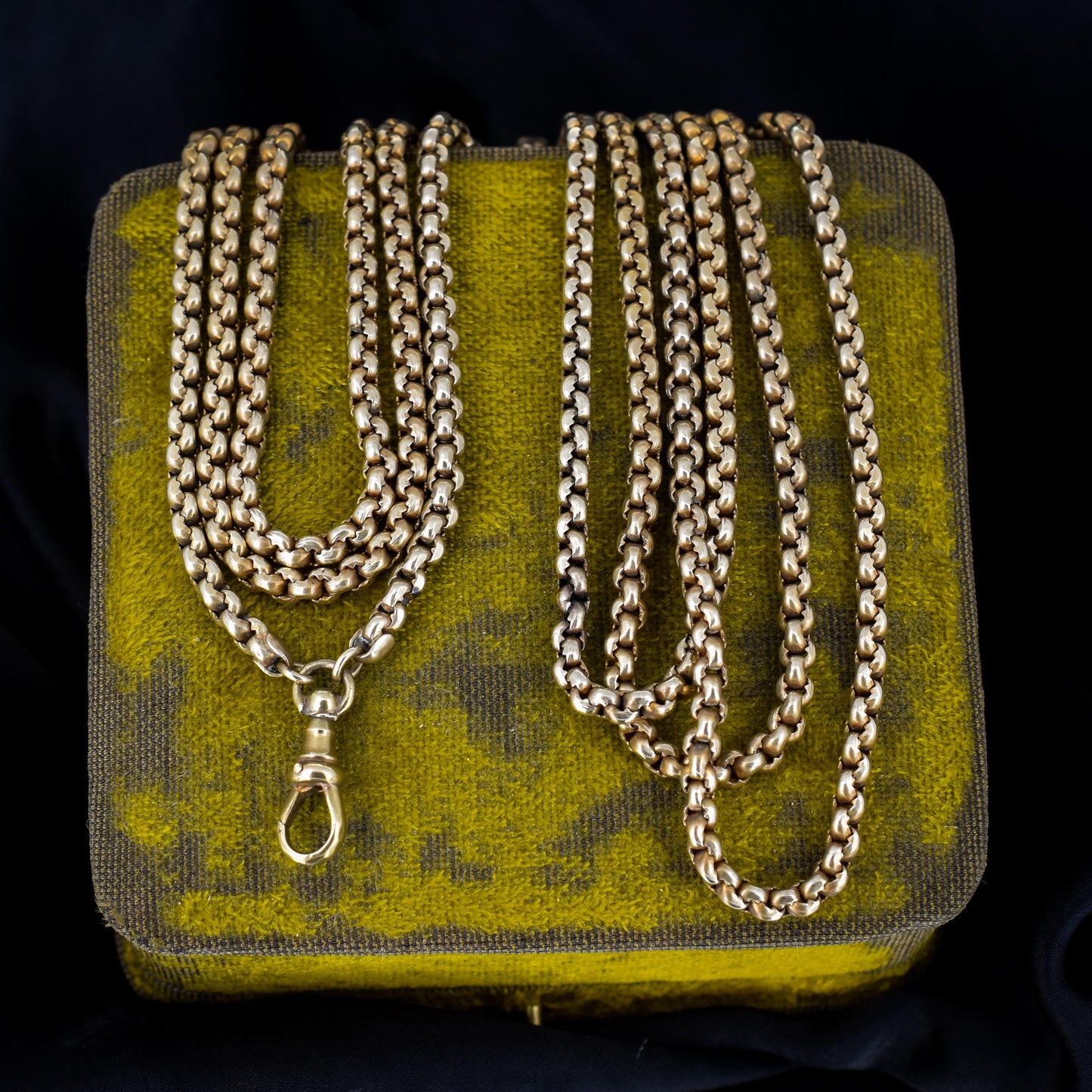 Antique Victorian Slinky Long Guard Muff Chain Rolled Gold Necklace with Dog Clip | 54"