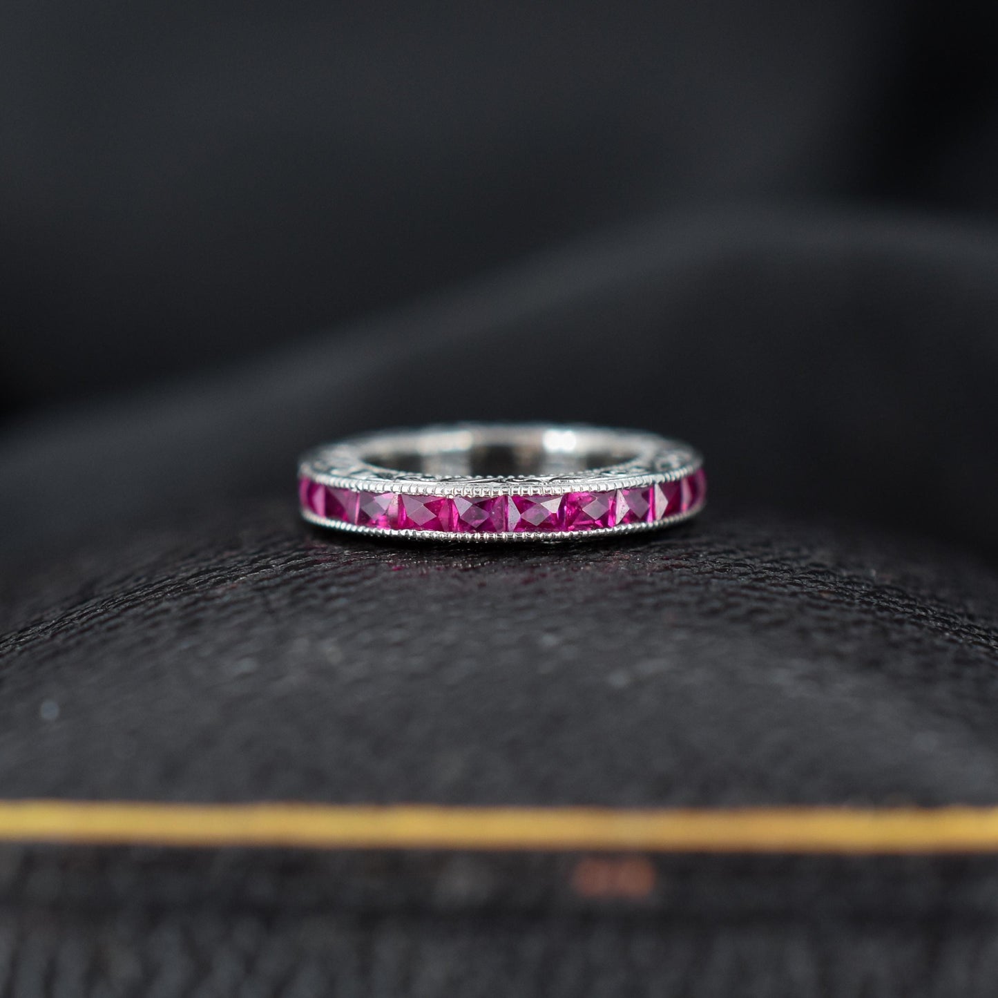 French Cut Ruby Platinum Engraved Connector Bail Charm