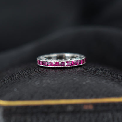 French Cut Ruby Platinum Engraved Connector Bail Charm