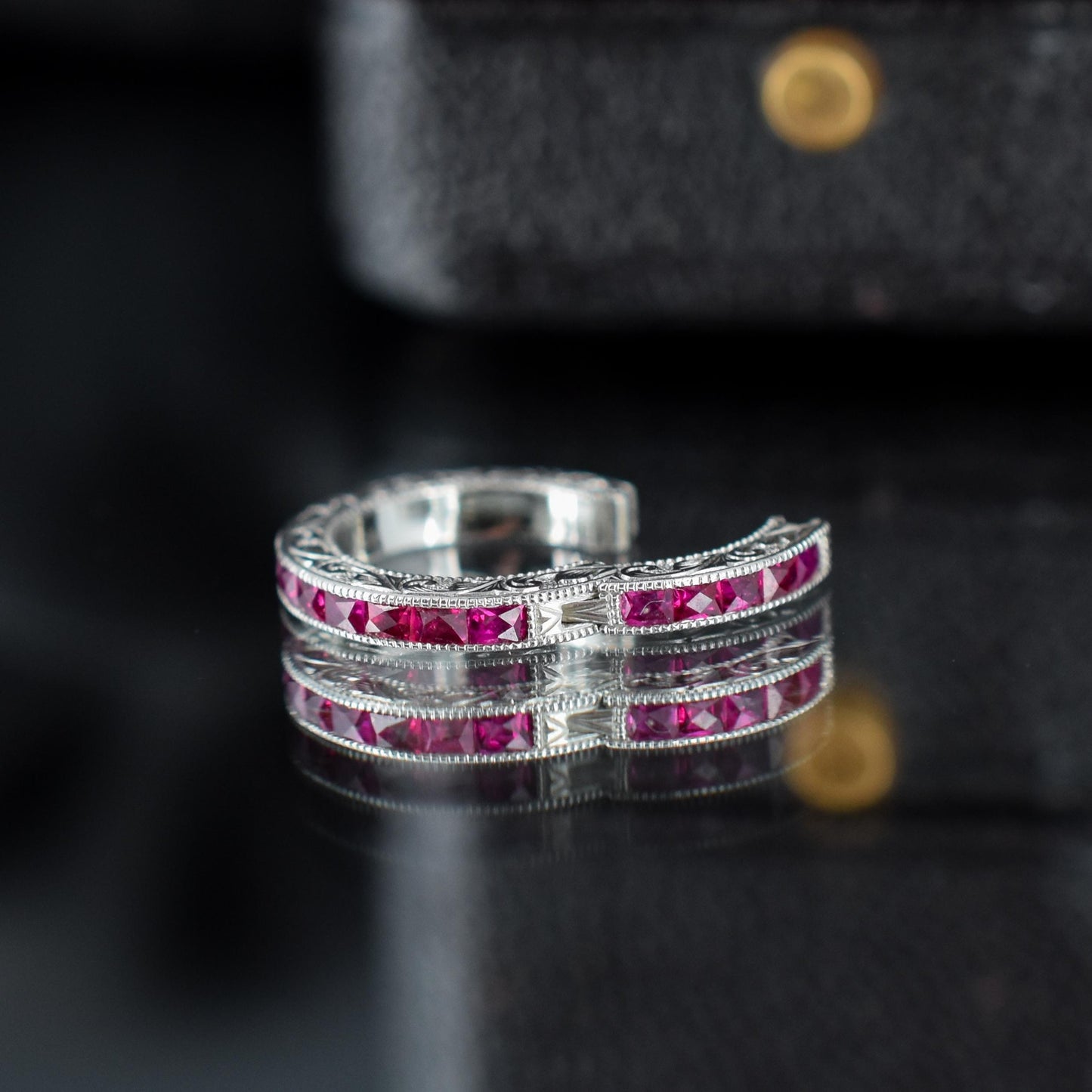 French Cut Ruby Platinum Engraved Connector Bail Charm