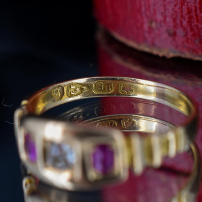 Antique Ruby and Diamond 18ct Gold Band Ring | Dated 1881