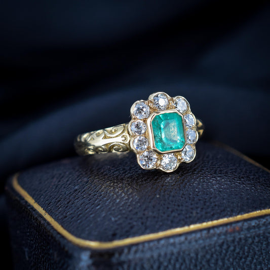 Emerald and Diamond Halo Bezel Cluster 18ct Yellow Gold Ring