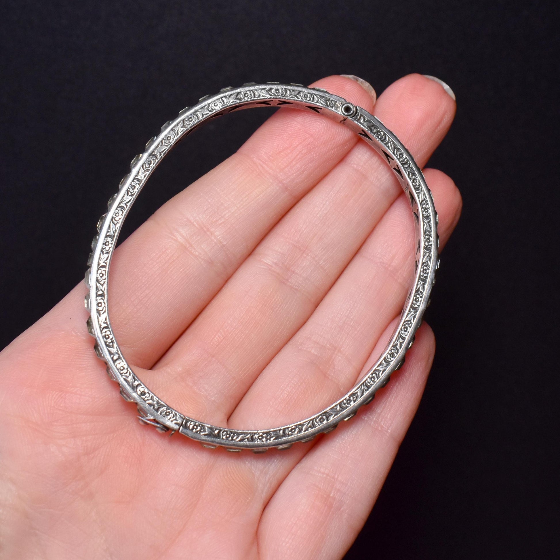 Antique Paste Sterling Silver Engraved Bangle Bracelet