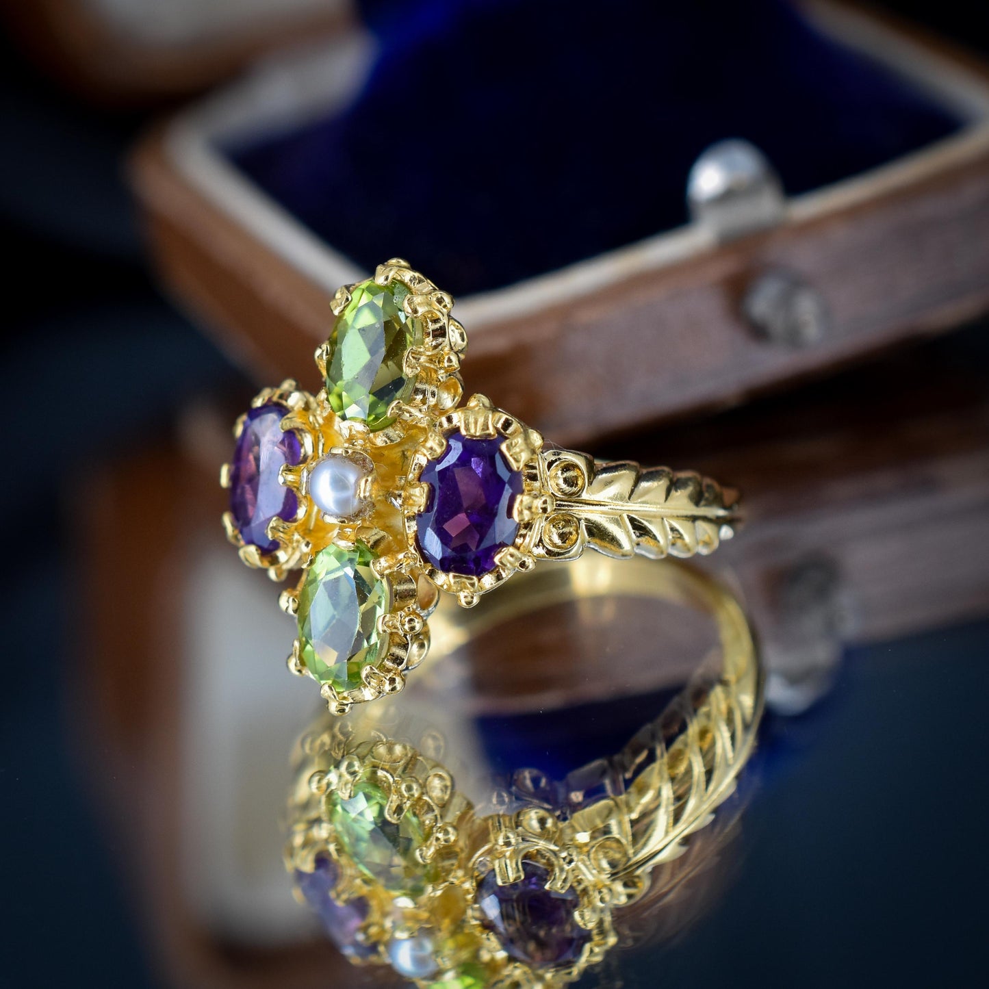 Amethyst Peridot and Pearl Fancy Cluster Gold on Silver Ring