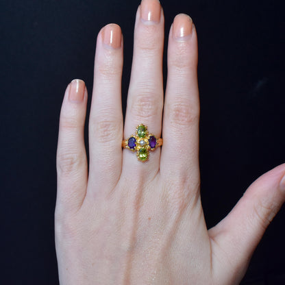 Amethyst Peridot and Pearl Fancy Cluster Gold on Silver Ring