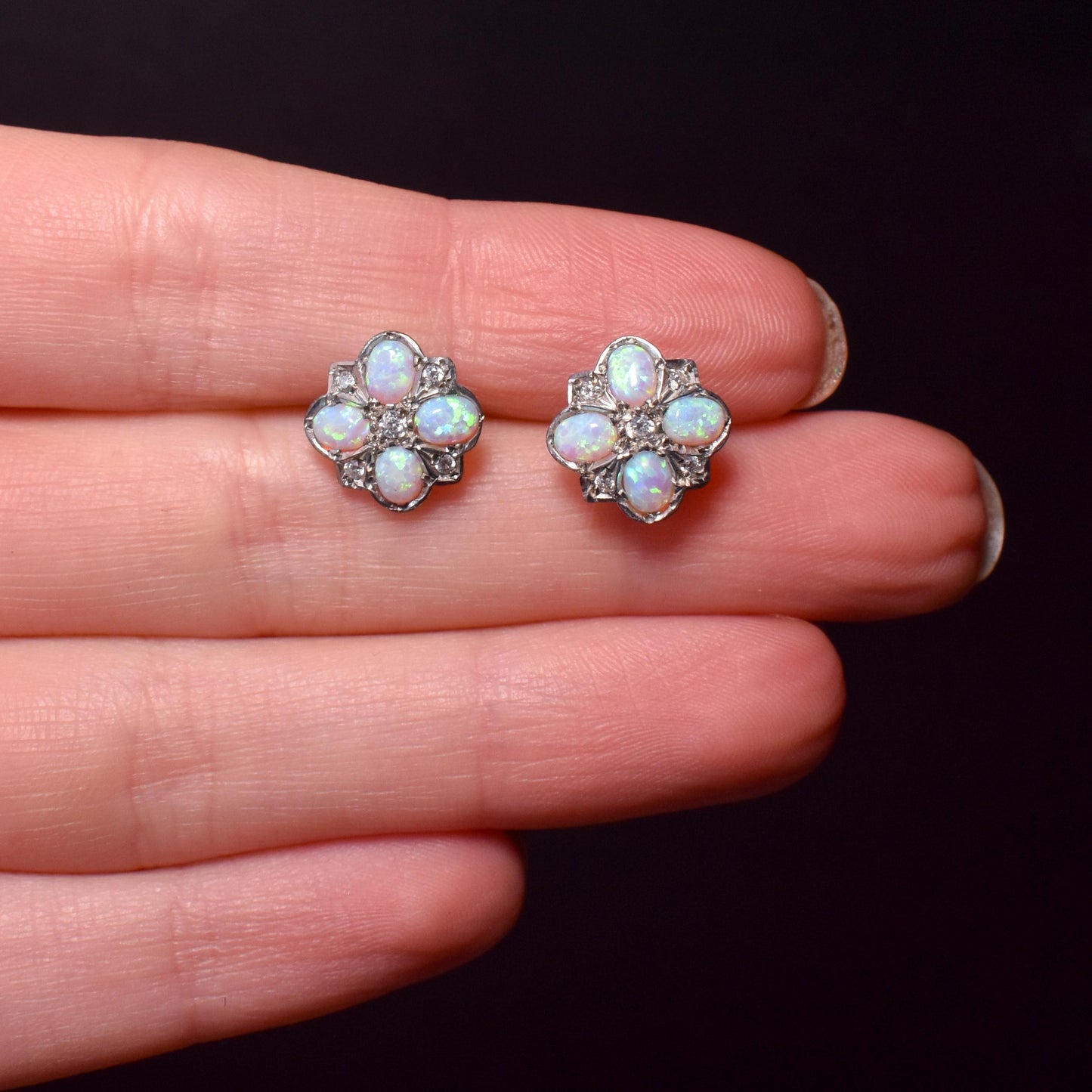 Opal Flower Cluster Gold Stud Earrings