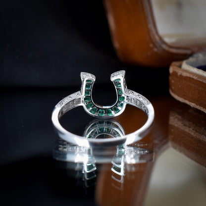 French Cut 0.40ct Emerald and Diamond Horseshoe Platinum Ring