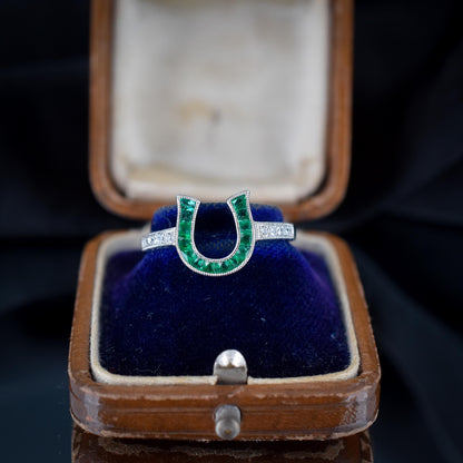 French Cut 0.40ct Emerald and Diamond Horseshoe Platinum Ring