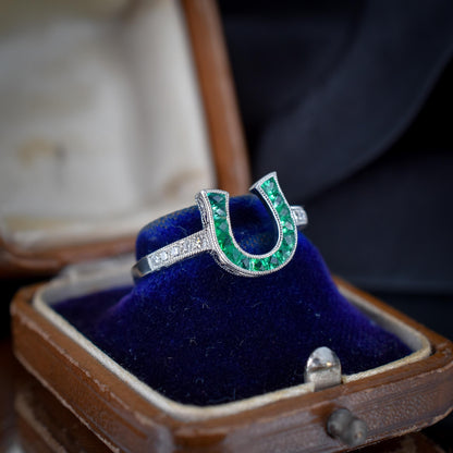 French Cut 0.40ct Emerald and Diamond Horseshoe Platinum Ring