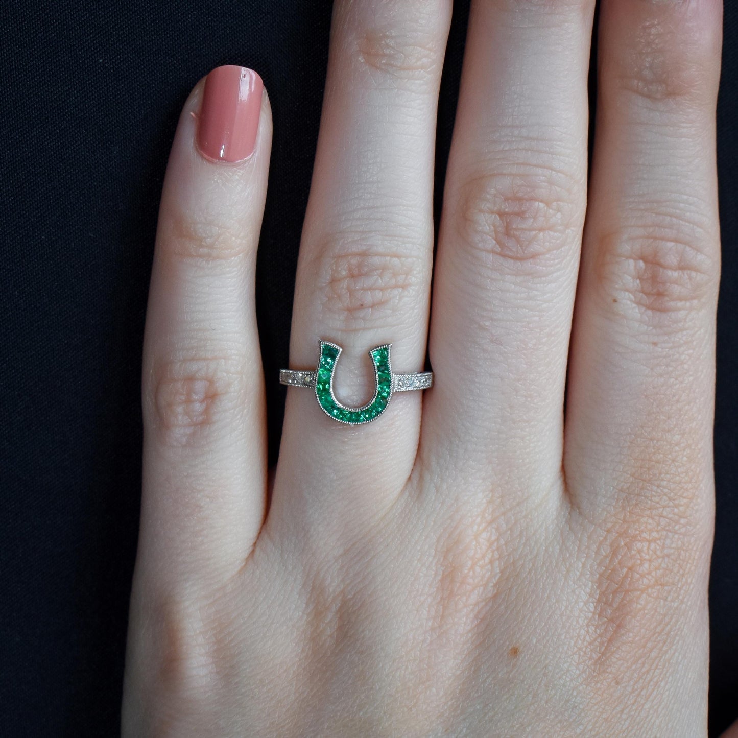 French Cut 0.40ct Emerald and Diamond Horseshoe Platinum Ring