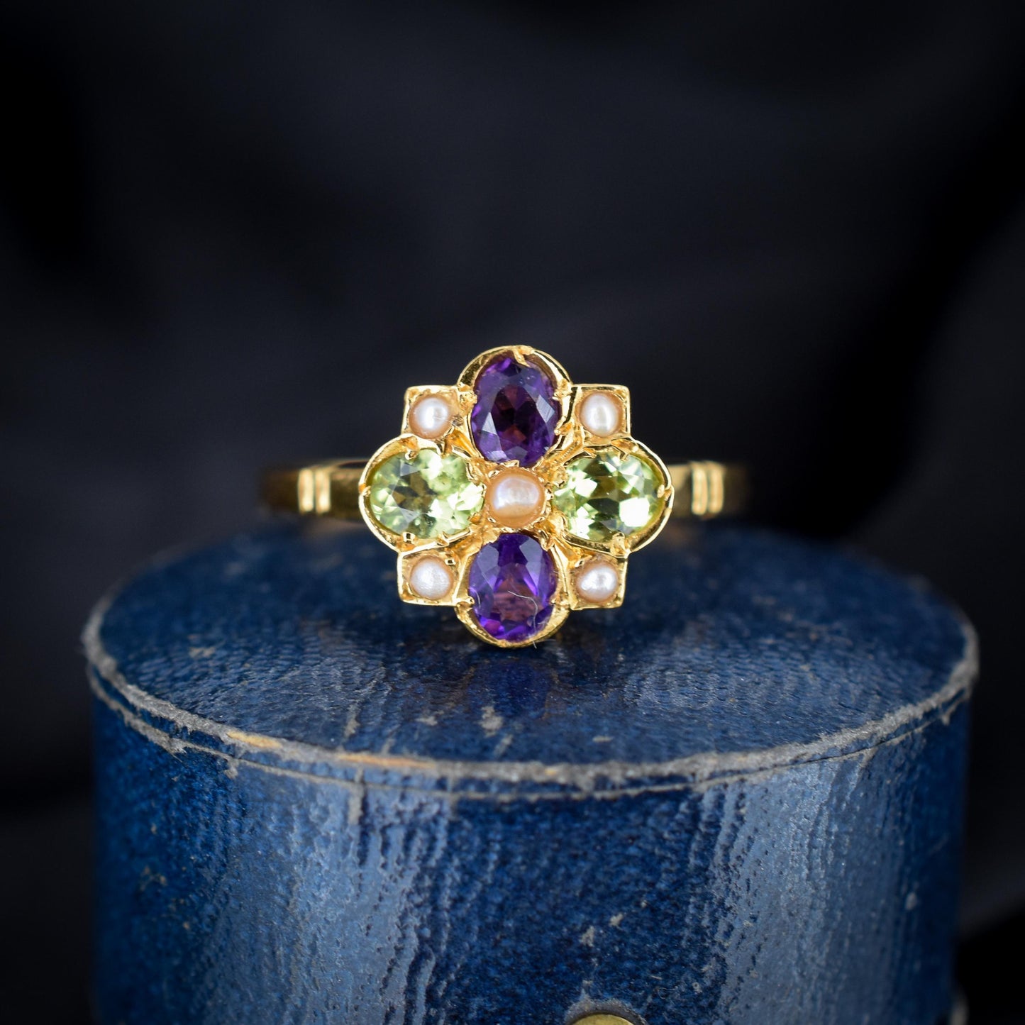 Suffragette Style Amethyst Peridot and Pearl 18ct Yellow Gold on Silver Cluster Ring – Antique Inspired