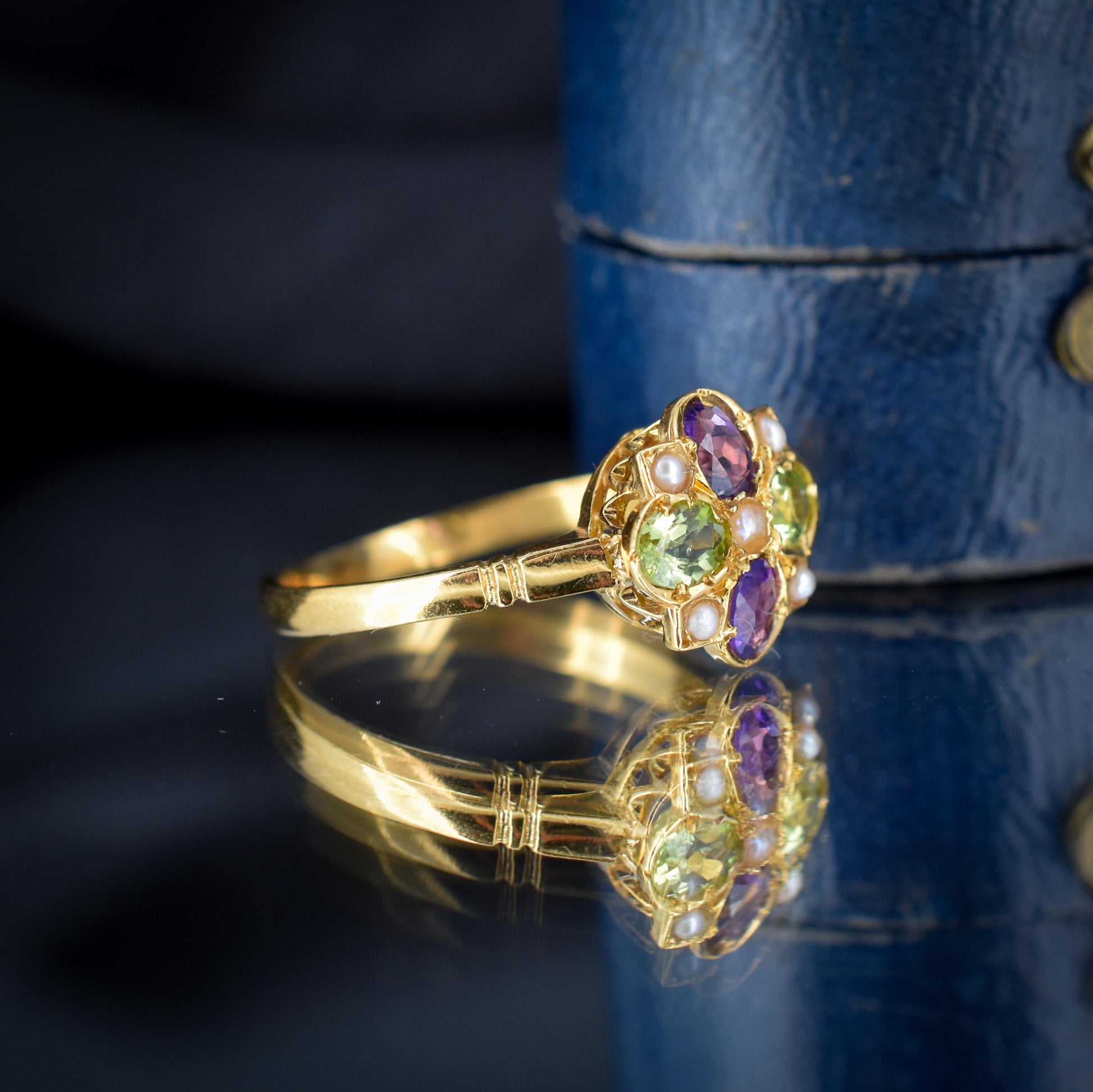 Suffragette Style Amethyst Peridot and Pearl 18ct Yellow Gold on Silver Cluster Ring – Antique Inspired