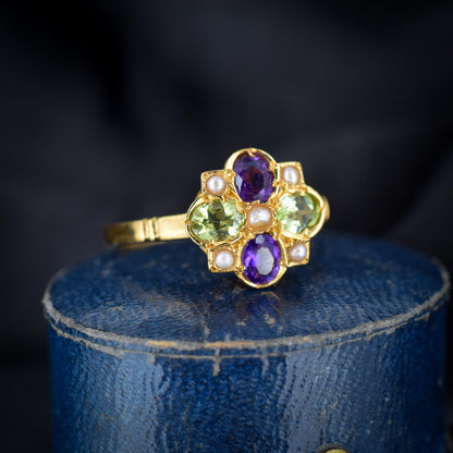 Suffragette Style Amethyst Peridot and Pearl 18ct Yellow Gold on Silver Cluster Ring – Antique Inspired