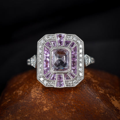 Art Deco Style Natural 1.10ct Pink Sapphire and Diamond Platinum Cocktail Ring | Certified