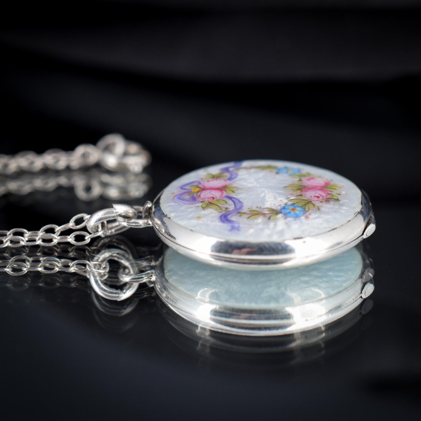 Antique Edwardian Silver Guilloche Enamel Flower Garland Locket Chain Necklace