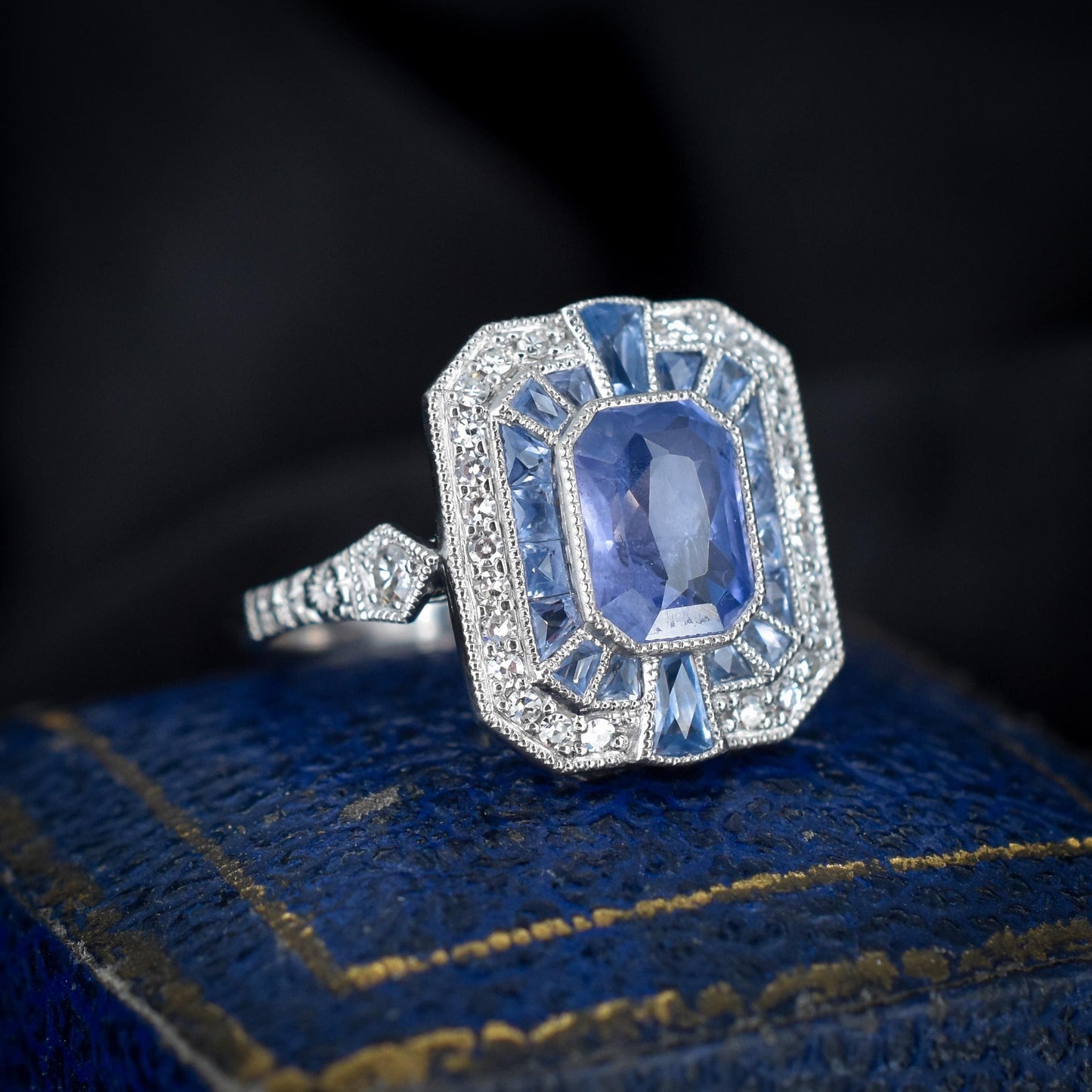 Art Deco Style Natural Ceylon Blue Sapphire and Diamond Platinum Cocktail Ring | Certified