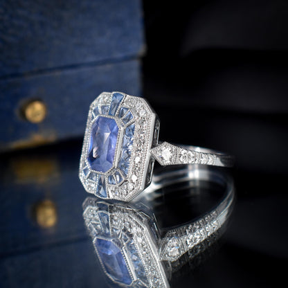 Art Deco Style Natural Ceylon Blue Sapphire and Diamond Platinum Cocktail Ring | Certified