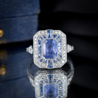 Art Deco Style Natural Ceylon Blue Sapphire and Diamond Platinum Cocktail Ring | Certified