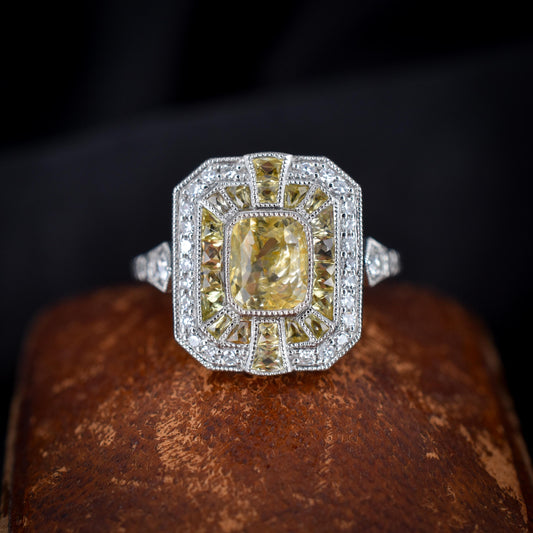 Art Deco Style Natural Yellow Sapphire and Diamond Platinum Cocktail Ring | Certified